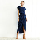 2018 Summer women's Bohemian beach dresses personality Slim Tunic long dress casual short-sleeved waistline Asymmetrical dress