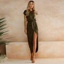 2018 Summer women's Bohemian beach dresses personality Slim Tunic long dress casual short-sleeved waistline Asymmetrical dress