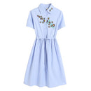 Korea Version Fashion Elegant Embroidered Blue Women Dress 2018 New Summer Temperament Short Sleeve Single-breasted Lady Dresses
