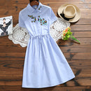Korea Version Fashion Elegant Embroidered Blue Women Dress 2018 New Summer Temperament Short Sleeve Single-breasted Lady Dresses