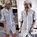 LDZHPS 2018 summer new striped straight shirt casual button V-neck half long sleeve tops Vintage flare sleeve blouse