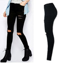 Women Cool Ripped Knee Cut Leggings Jeans High Waist Skinny Long Hole Jeans Pants Slim Pencil Plus Size Trousers Black YL-NEW